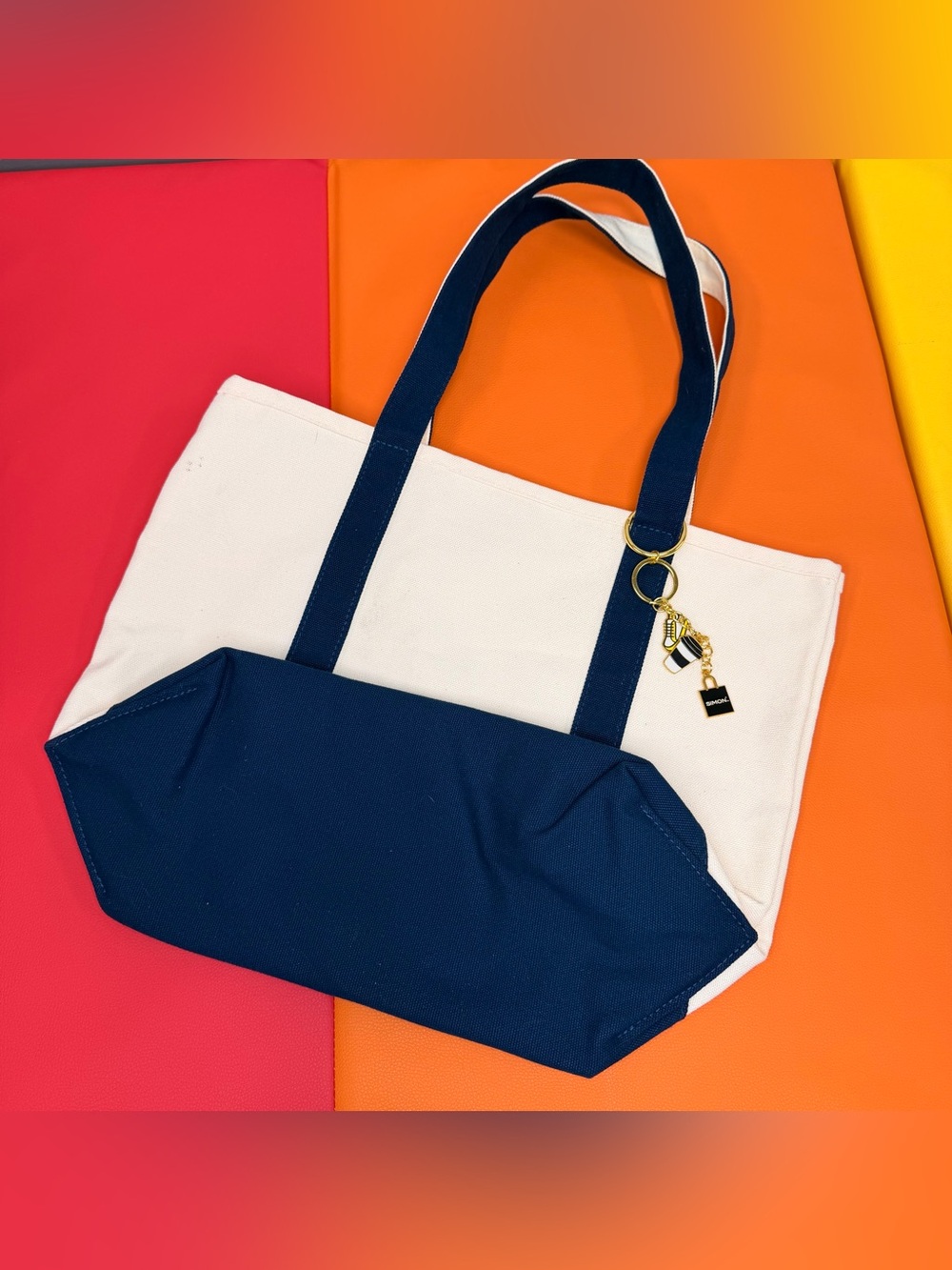 Simon Canvas Tote Bag with Navy Trim  with Keychain